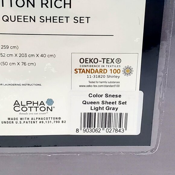 Color Sense 1200 Thread Count Cotton Rich 4-Piece Queen Sheet Set Light Gray - Picture 4 of 8